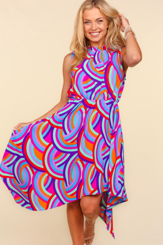 Vibrant Retro Print Asymmetrical Dress – Bold & Beautiful