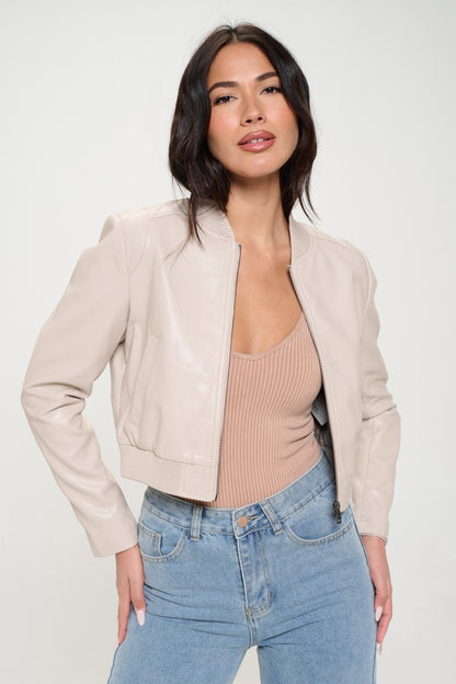 Sleek Beige Faux Leather Bomber Jacket