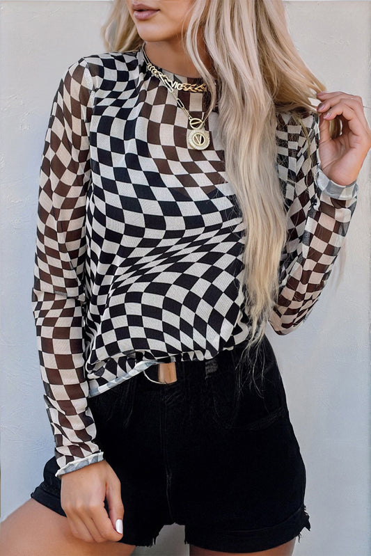 Black & White Optical Illusion Mesh Top – Sheer Long Sleeve Checker Print