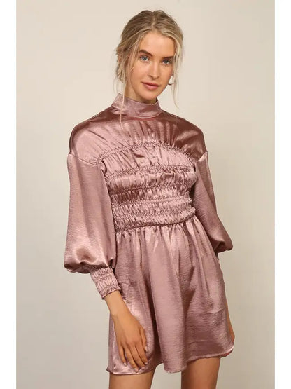 Smocked Satin Mini Dress (Mock Neck Balloon Sleeve)