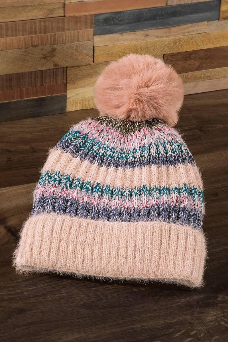 Striped Pom Beanie (Cozy Knit Winter Hat)