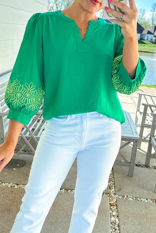 Embroidered Green Blouse with Puff Sleeves – Chic Spring & Summer Top