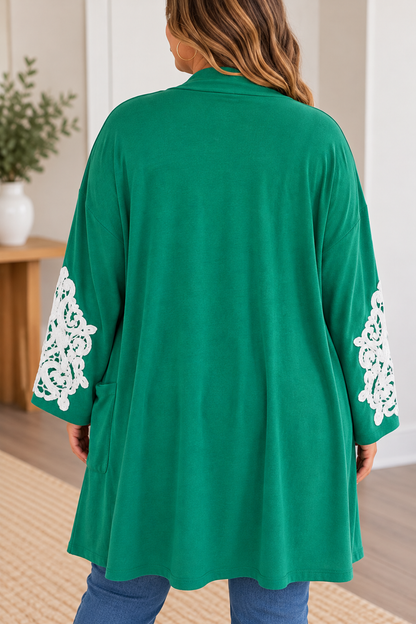 Zenana Emerald Green Embroidered Sleeve Open Front Cardigan – 2XL