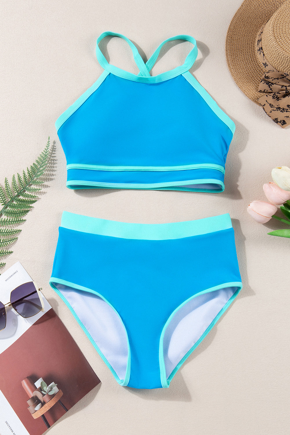 Blue High-Neck Sporty Bikini Set – Vibrant and Supportive Swimwear