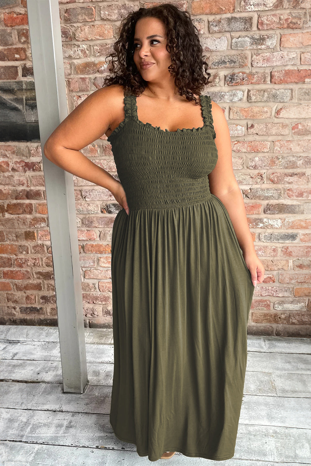 Olive Green Smocked Maxi Dress with Ruffle Straps – Perfect for Summer Vibes