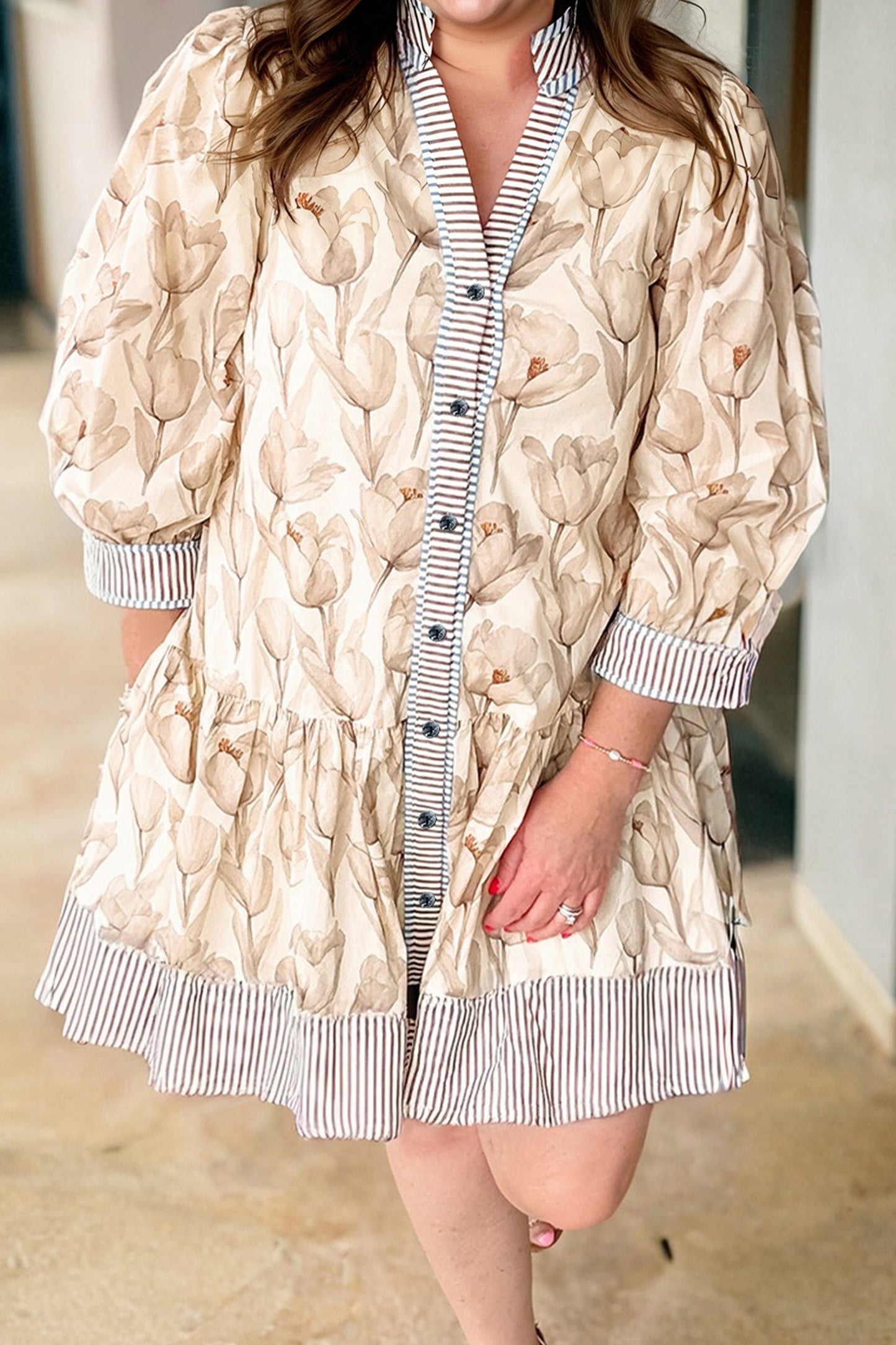 Floral Babydoll Dress with Striped Trim – Spring Boutique Button Down Dress