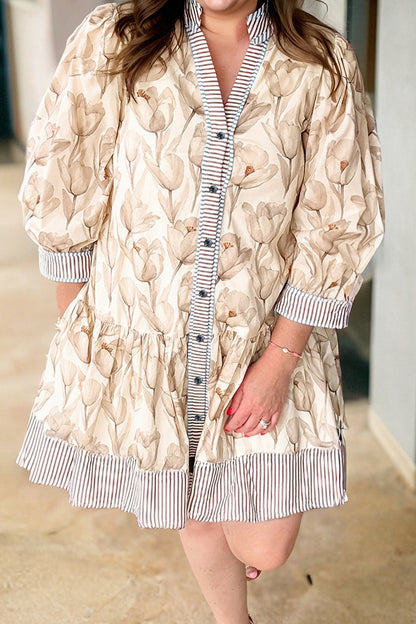 Floral Babydoll Dress with Striped Trim – Spring Boutique Button Down Dress
