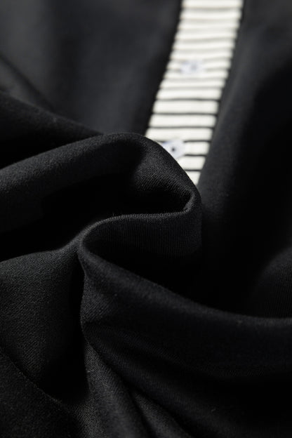 Black Long Sleeve Dress with Striped Collar – Casual Chic Collared Swing Dress