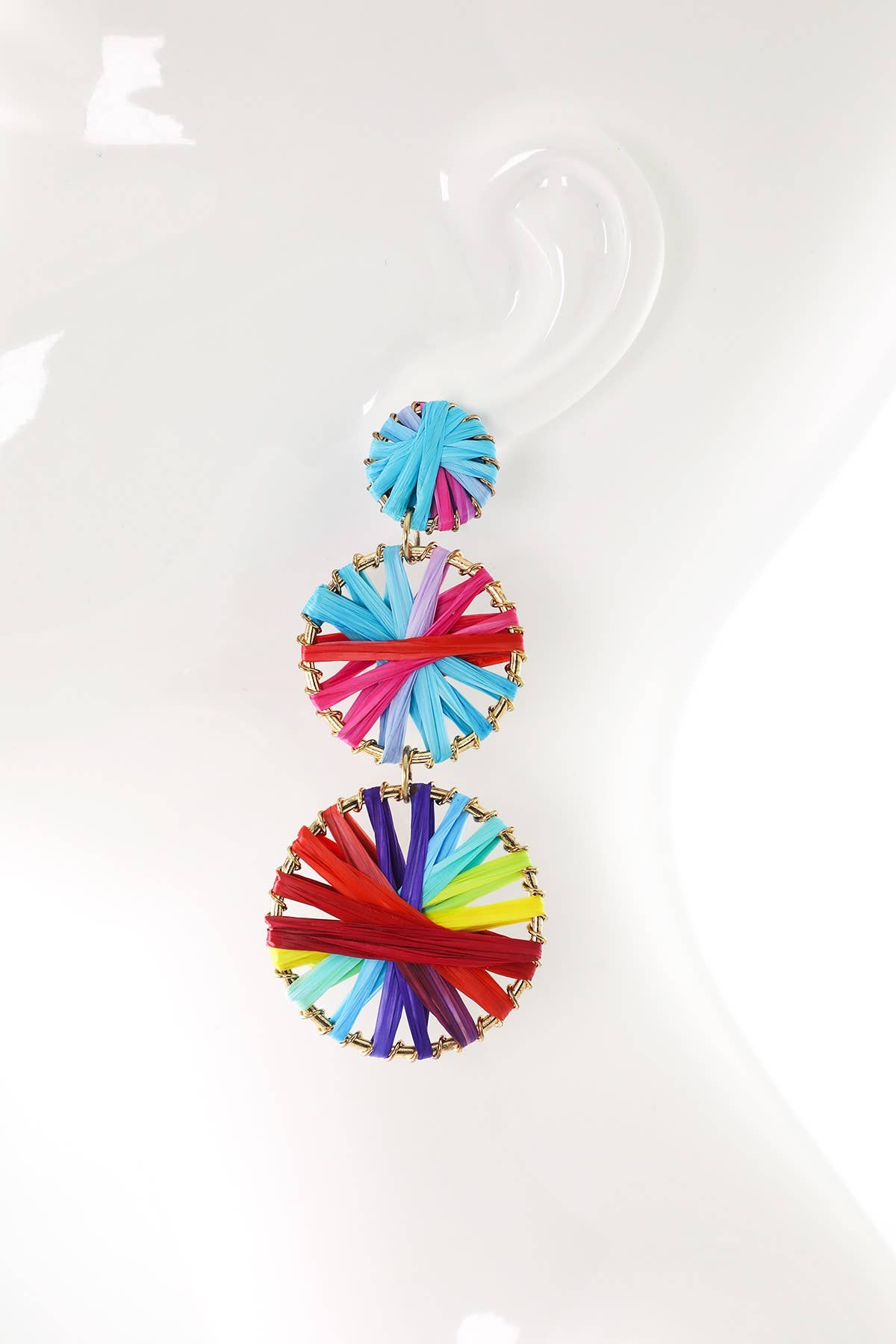 Rainbow Woven Disc Drop Earrings (Triple Statement Dangles)