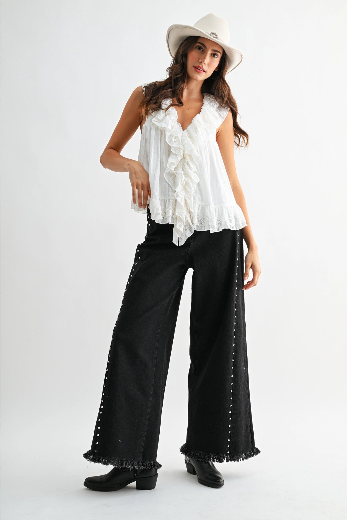 Camellia Black Studded Wide-Leg Jeans | Frayed Hem