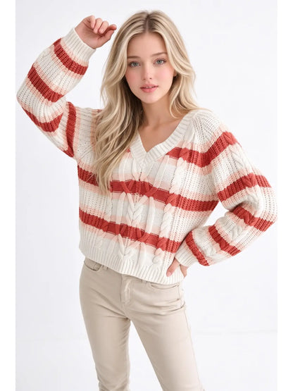 Camellia Ivory & Rust Striped Cable-Knit Sweater | Saturday Luxe Lunch