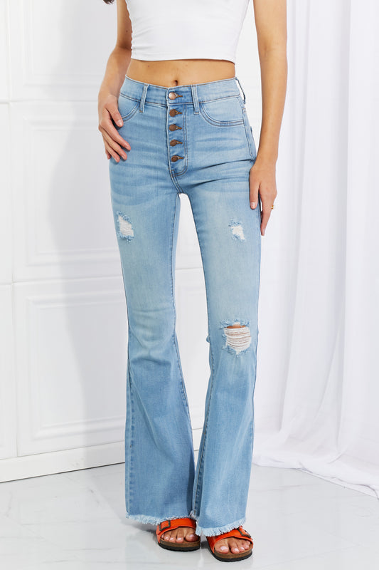 High-Rise Button-Up Flare Jeans with Distressed Detail