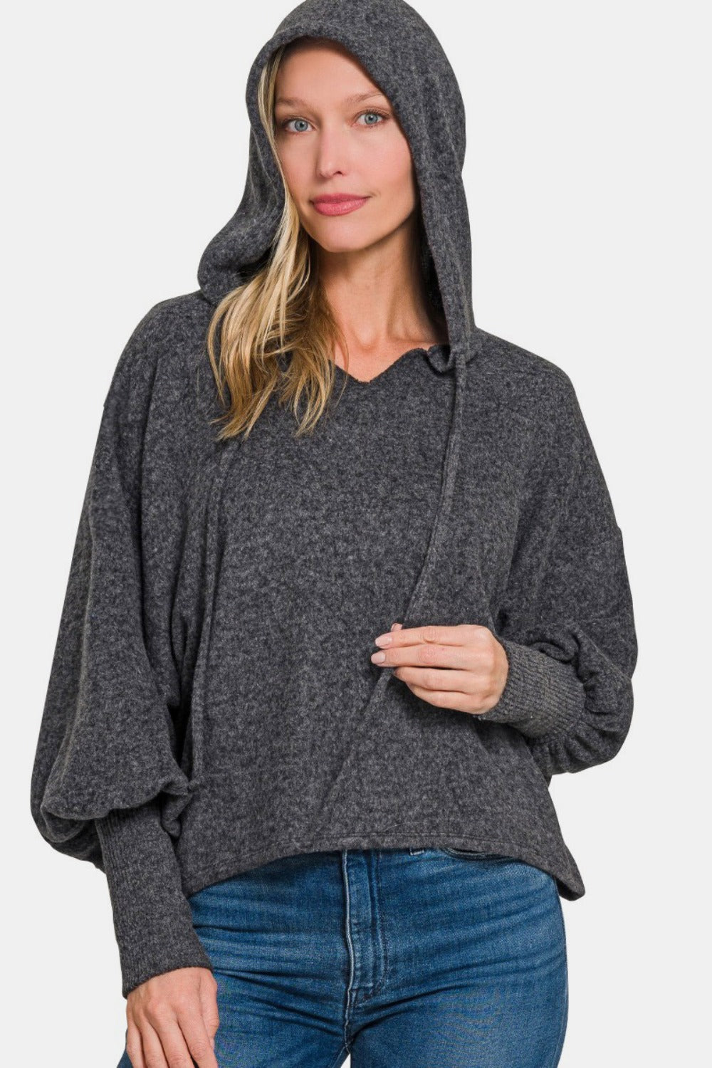 Cozy Charcoal Hoodie with Balloon Sleeves