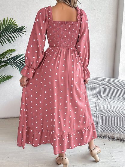 Polka Dot Smocked Midi Dress with Puff Sleeves – Boho Chic