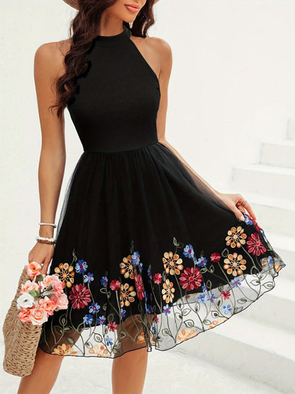 Black Halter Floral Embroidered Tulle Dress – Chic and Romantic Style