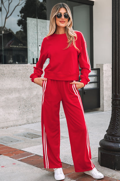 Red Two-Piece Lounge Set – Wide Leg Track Pants & Matching Crewneck Top