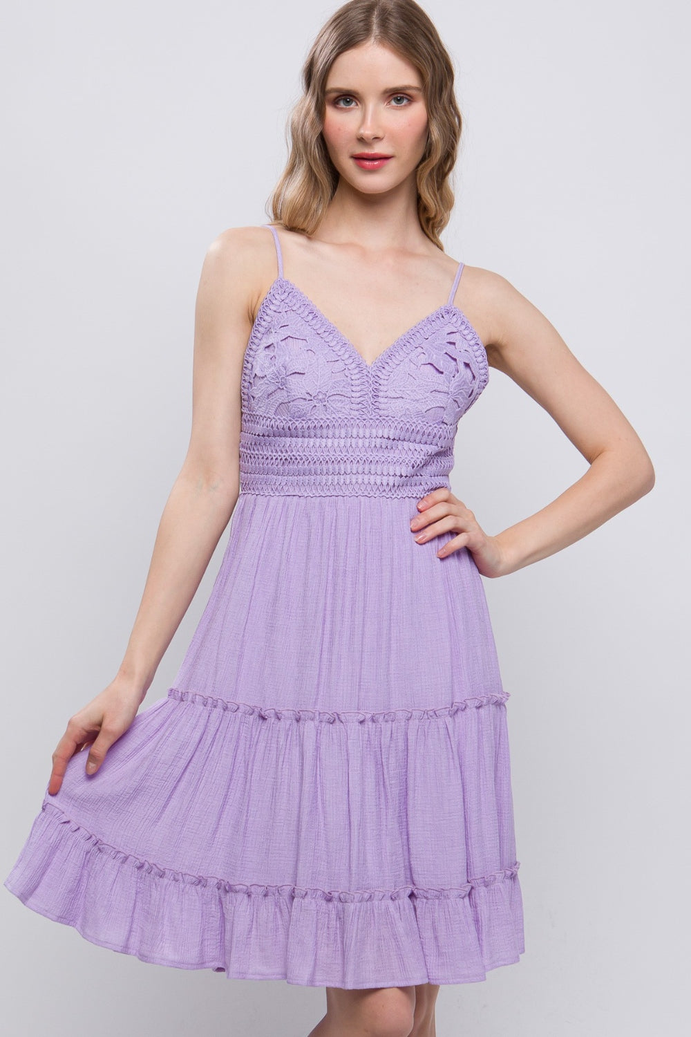 Lilac Crochet Tiered Midi Dress