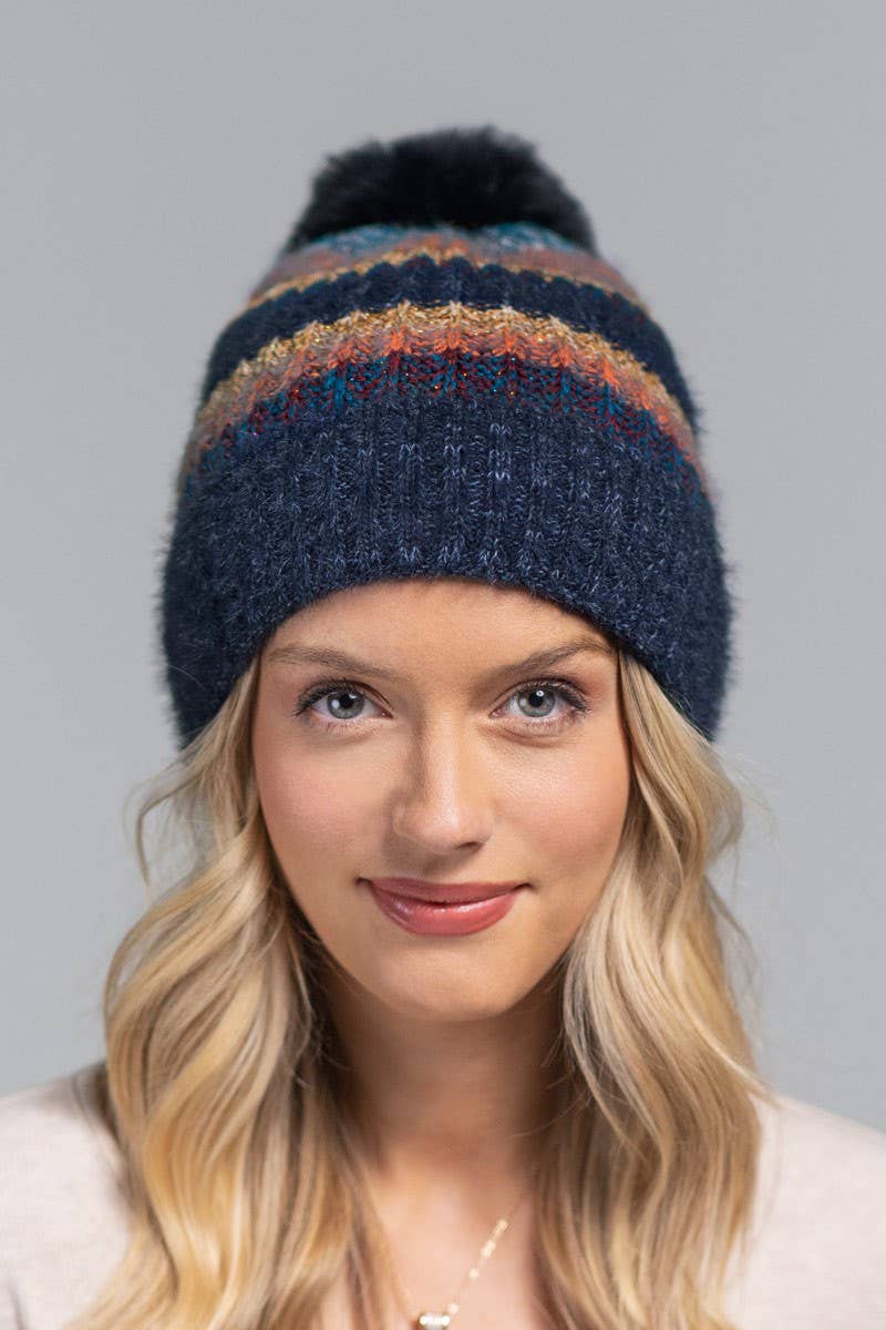 Striped Pom Beanie (Cozy Knit Winter Hat)