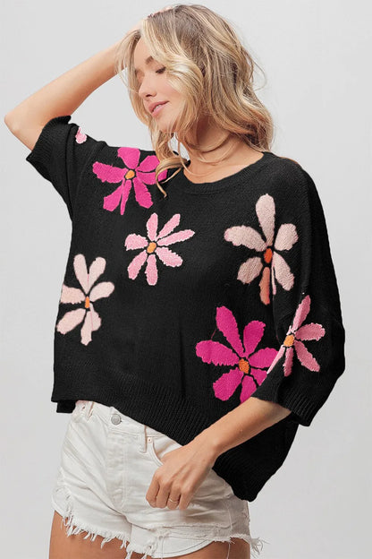 Floral Print Oversized Sweater (3/4 Sleeve Knit Pullover | Black)