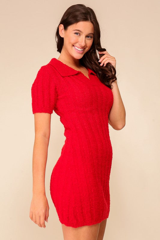 Textured Knit Polo Sweater Dress (Short Sleeve Mini | Red)