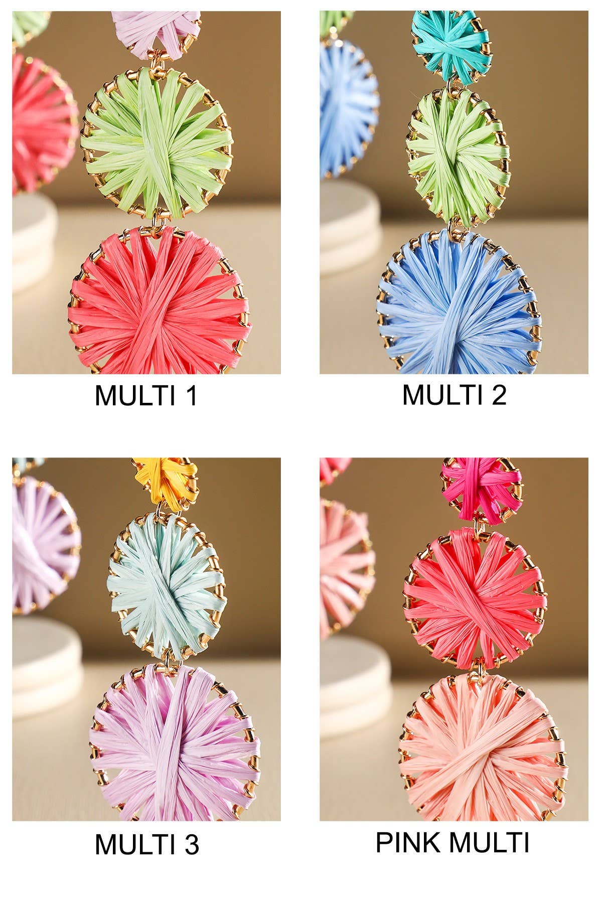 Rainbow Woven Disc Drop Earrings (Triple Statement Dangles)