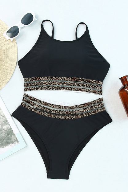 Leopard Print Trim High-Waisted Bikini