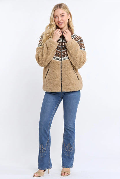 Camellia Luxe Fair Isle Faux Fur Jacket | Mocha & Camel