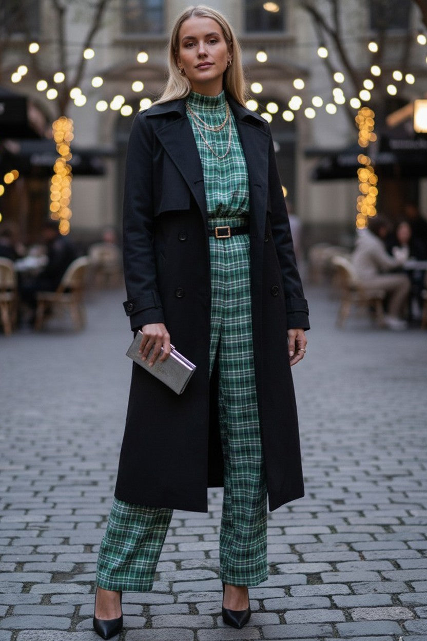 Lumiere Green Plaid Open-Back Wide-Leg Jumpsuit – Brand New