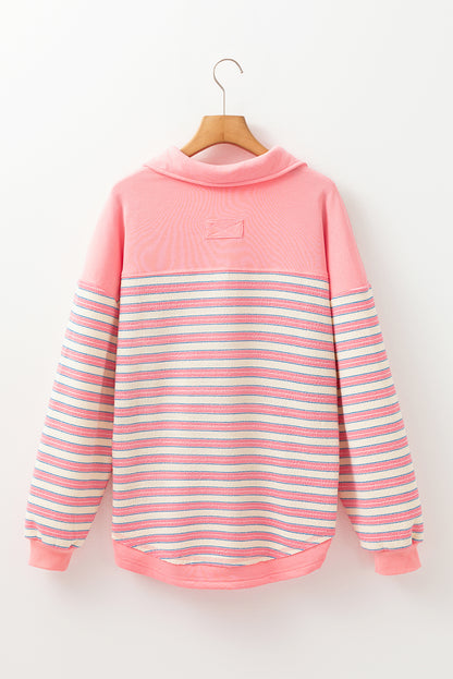 Pink Striped Henley Long Sleeve Top – Lightweight Casual Pullover