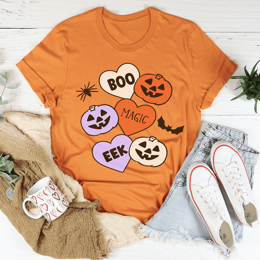 Halloween Candy Hearts Graphic Tee (Boo, Eek, Magic Pumpkin Shirt | Multiple Colors)