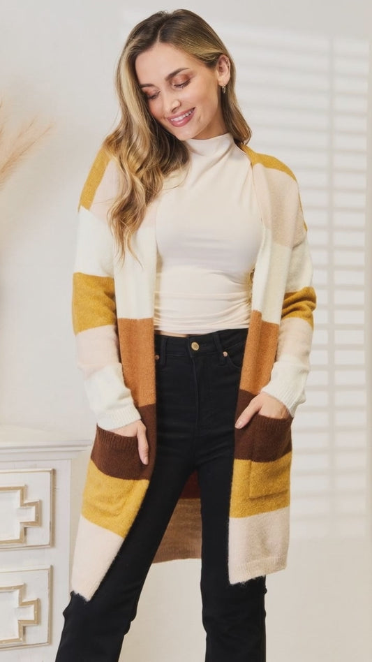 Colorblock Pocket Cardigan (Mustard + Cream + Brown | Open Front)