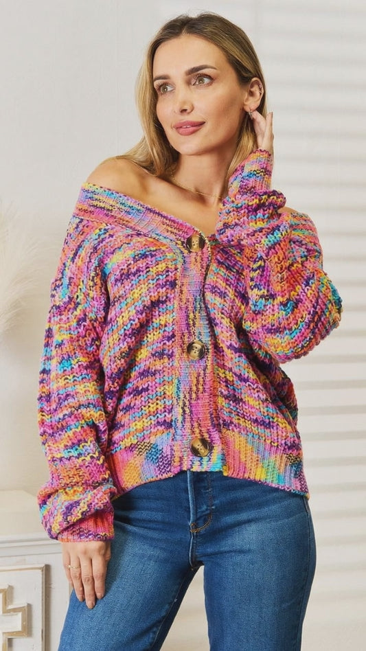 Rainbow Confetti Knit Cardigan (Chunky Button-Front Sweater)