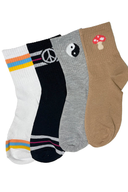Graphic Crew Socks Set (4-Pack | Peace, Yin Yang & Mushroom)