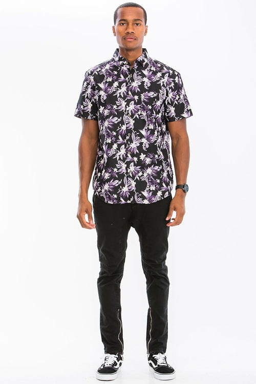 Men's Black and Purple Floral Hawaiian Shirt