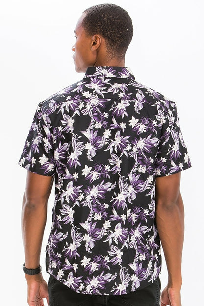 Men's Black and Purple Floral Hawaiian Shirt