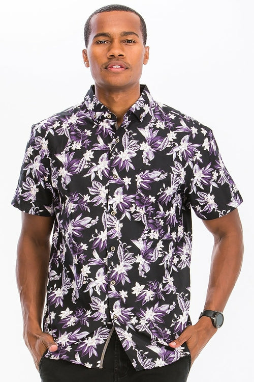 Men's Black and Purple Floral Hawaiian Shirt