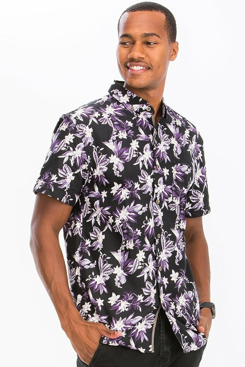 Men's Black and Purple Floral Hawaiian Shirt