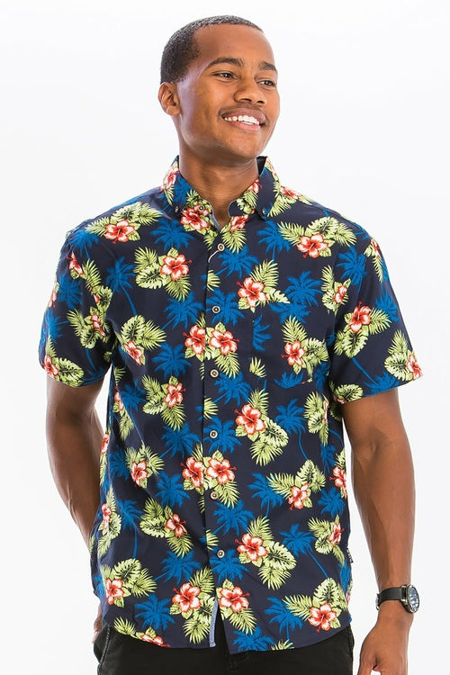 Men's Hawaiian Button-Up Shirt with Navy Blue Tropical Floral Print